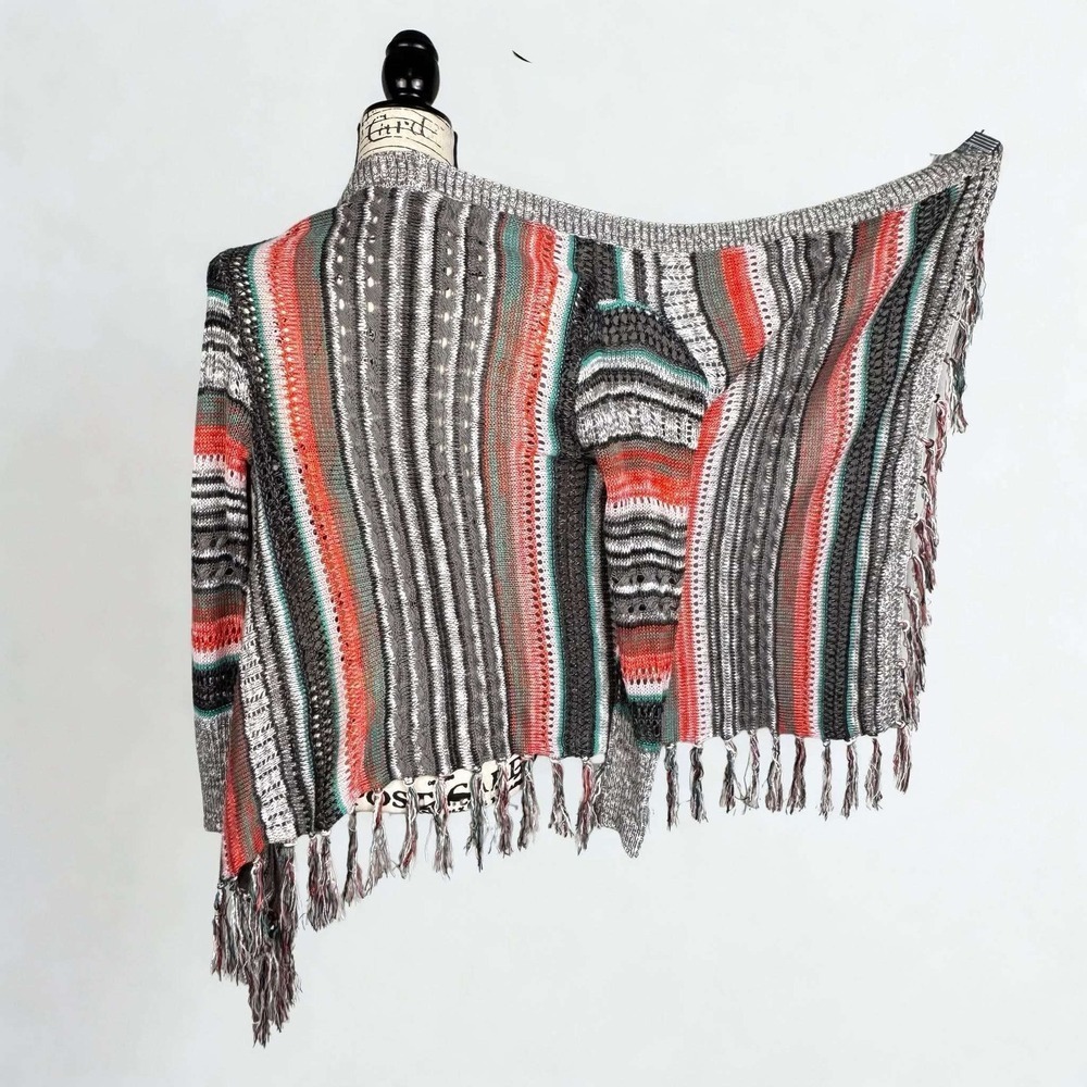 Open Front Cardigan Striped Fringed Knit Sz Med Festival Western Bohemian